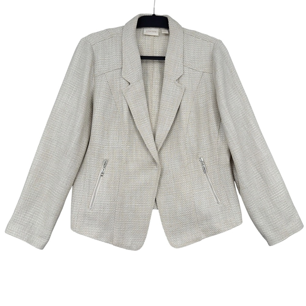 Chico's Textured Open Front Blazer‎ Womens 1 Polyester Beige Oatmeal